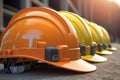 Many hardhat helmet on row with Copy space, Engineering Construction Concept Royalty Free Stock Photo