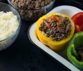 Bell pepper background with rice and ground beef