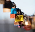 Closeup of a padlock hanging on chain link of the bridge / Fence Royalty Free Stock Photo