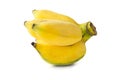 Closeup of yellow ripe of cultivated banana on white background. Isolated photo with clipping path. Royalty Free Stock Photo