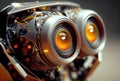 Closeup of yellow robot eyes with metallic structure background. Technology and Innovation concept. Generative AI