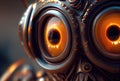 Closeup of yellow robot eyes with metallic structure background. Technology and Innovation concept. Generative AI