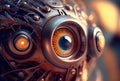 Closeup of yellow robot eyes with metallic structure background. Technology and Innovation concept. Generative AI