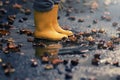Closeup on yellow rubber boots of a child in a puddle after a rain on a stormy autumn day