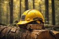 Closeup of yellow safety helmet on the stack of logs. ai generative