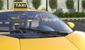 Closeup yellow taxi stands in a city parking lot. Blurred background. 3D rendering