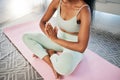 Closeup, yoga and black woman in lounge, balance and workout for wellness, fitness and pilates training. African