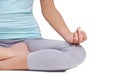 Closeup, yoga and meditation with woman, lotus pose and chakra energy exercise isolated on a white studio background