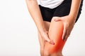 Woman have cramp calf tired pain legs she holding her leg Royalty Free Stock Photo