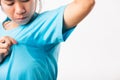 Female very badly have armpit sweat stain on her clothes