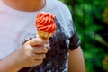 closeup of a young caucasian man with an ice cream cone in his hand Royalty Free Stock Photo