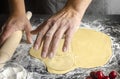 closeup of a young caucasian man kneading a piece of dough to prepare a coca de cireres, a cherry sweet flat cake typical of