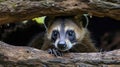 Closeup of a young coati its snout buried in a rotting log searching for grubs and other tasty treats Royalty Free Stock Photo