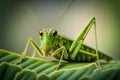 Closeup young green grasshopper on a leaf. Generative AI