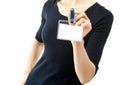 Closeup of young woman's hands showing blank badge