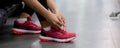 Closeup young woman tying shoelace with hands for jogging in fitness gym sport club, female preparing workout and exercise.