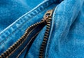 Closeup of zipper in blue jeans. Zipper with lock. Royalty Free Stock Photo
