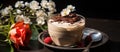 Closeup of Zuppa Inglese dessert in glass on plate with raspberries and flowers