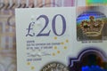 A closeup of ÃÂ£20 Twenty pounds cash money bill Sterling polymer banknote from the bank of England