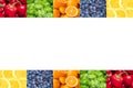 Closeups of fruits and vegetables above and under white copy space