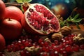 Closeups of pomegranates watermelons and nuts