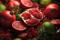 Closeups of pomegranates watermelons and nuts