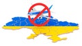 Closing airspace in Ukraine, prohibition and restrictions of airspace usage. Plane in forbidden symbol over Ukrainian map. 3D