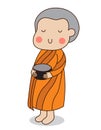 Closing eyes Buddhist novice holding alms bowl in hand