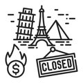 Closing landmark black line icon. Economic risis. Stop travel. Sign for web page, app. UI UX GUI design element