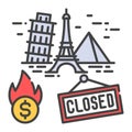 Closing landmark color line icon. Economic risis. Stop travel. Sign for web page, app. UI UX GUI design element.