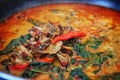 The closing up and soft focusing picture of steam and Gaengkua& x27;s pot, a kind of Thai dish,