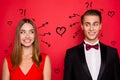 Closr-up portrait of two nice chic lovely attractive imposing cheerful funny flirty people wearing dress and bow tux
