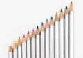 Closuep shot of an accending row of colorful pencils with silver covers Royalty Free Stock Photo