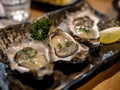 Closuep of three fresh oysters presented on a plate, accompanied by a lemon wedge, AI-generated. Royalty Free Stock Photo