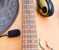 Closup American Country music background with guitar and cowboy hat Royalty Free Stock Photo