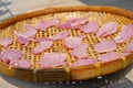 Top view picture of closeup many pieces of pork in the bamboo basket dry by the light of sun