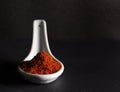 Closup of red ground pepper in white spoon with a black background and copyspace to the right