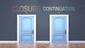 Closure and continuation as a choice - pictured as words Closure, continuation on doors to show that Closure and continuation are