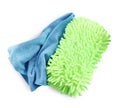 Cloth and car wash mitt on white background, top view Royalty Free Stock Photo