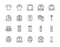 Cloth flat line icons set. Apparel - jacket, hoody, sweatshirt, male pants, polo shirt, jeans, coat, tie vector