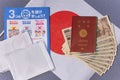Cloth masks, leaflet and 100,000 yen in cash with passport on Japan flag