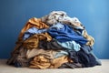 Cloth retail material textile collection buy fabric pile fashion stack blue dirty laundry clean background