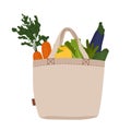 Cloth or tote shopping bag with vegetables for eco friendly living. No plastic bags. Zero waste concept shopper. Vector