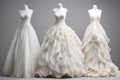 Beautiful various white wedding dresses background. Generative AI