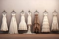 Beautiful various white wedding dresses background. Generative AI