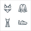 clothes and apparel line icons. linear set. quality vector line set such as shoe, dress, coat