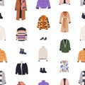 Clothes, apparel pattern. Seamless background with warm winter fashion casual coat, jacket, sweater, repeating print