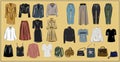 Clothes and bags. Coats and dresses, skirts and blouses, trousers and jeans, backpack and briefcase, handbags. Fashion. The basic Royalty Free Stock Photo