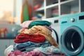 clothes in basket at laundry shop with Modern washing machine .Generative AI Royalty Free Stock Photo