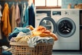 clothes in basket at laundry shop with Modern washing machine .Generative AI Royalty Free Stock Photo